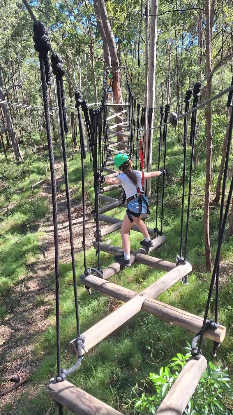 A child, wearing a helmet and safety harness, moving away from the viewer, on a wooden obstacle course-style bridge suspended between 2 trees.