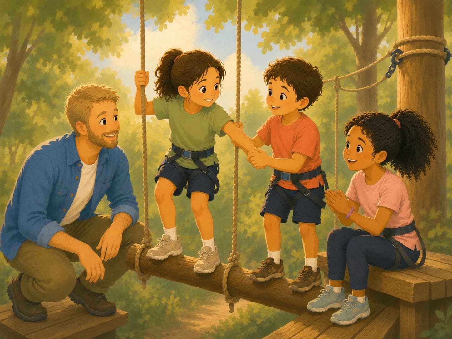 An illustration of an occupational therapist supporting three young children as they complete a junior high ropes course together, encouraging one another and building confidence, friendship, and independence through outdoor adventure.