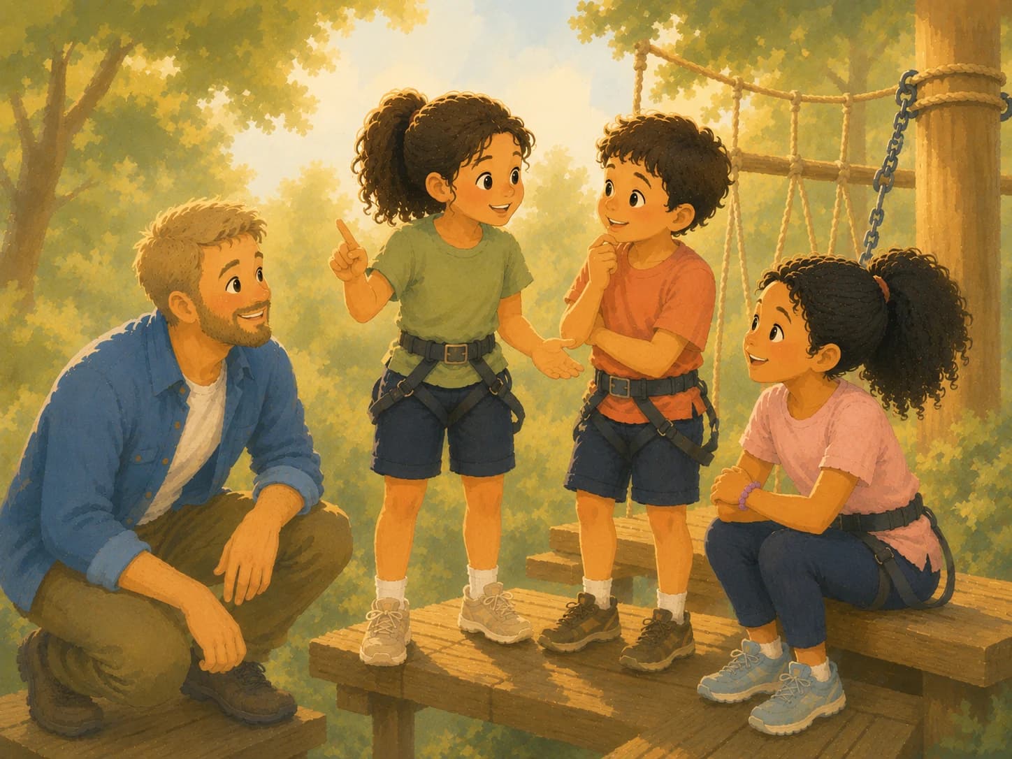 An illustration of an occupational therapist supporting three young children as they complete a junior high ropes course together, encouraging one another and building confidence, friendship, and independence through outdoor adventure.