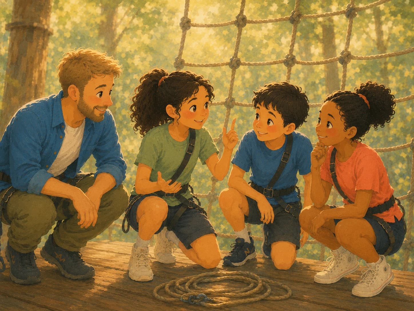 An illustration of an occupational therapist and three teenagers completing a high ropes course together in a forest, encouraging one another as they build confidence, teamwork, resilience, and problem-solving skills through a shared outdoor adventure.
