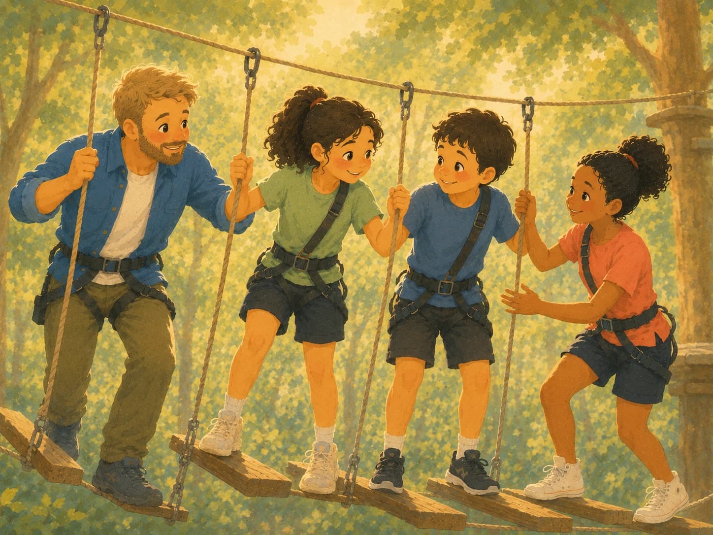 An illustration of an occupational therapist and three teenagers completing a high ropes course together in a forest, encouraging one another as they build confidence, teamwork, resilience, and problem-solving skills through a shared outdoor adventure.