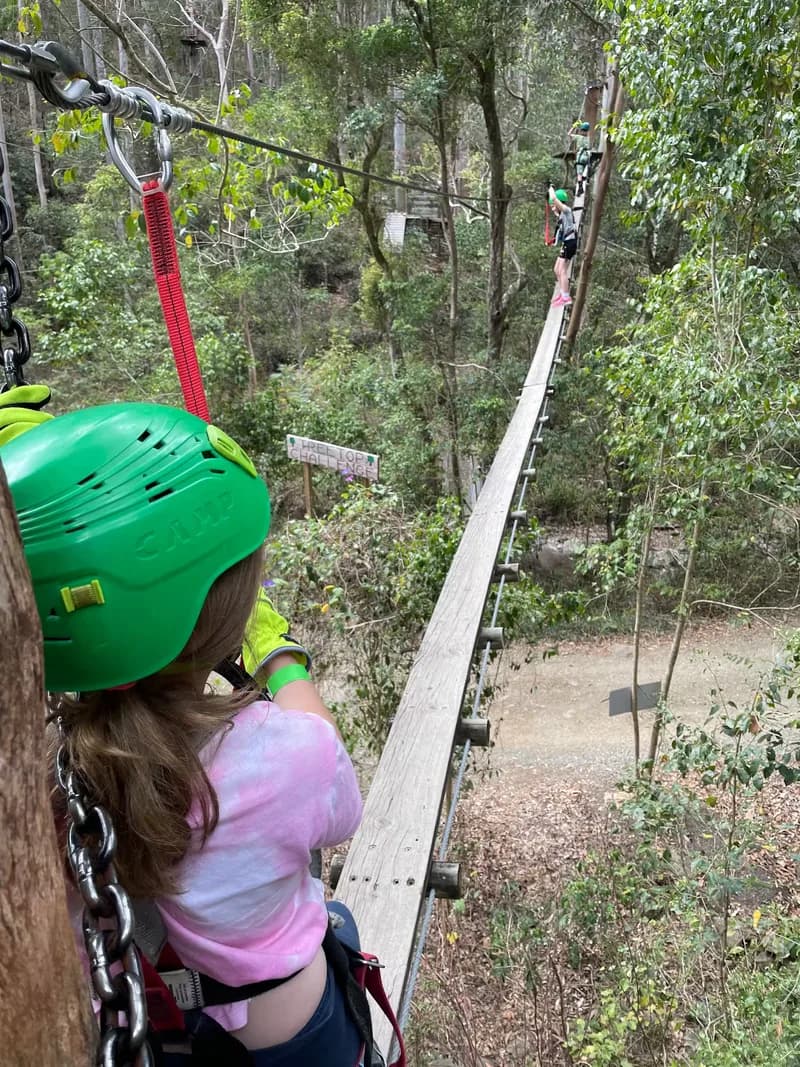 Two children, both wearing a helmet and safety harness, one half-way across a wooden balance beam between 2 large trees, the other waiting on a platform and looking away from the viewer at the balance beam.