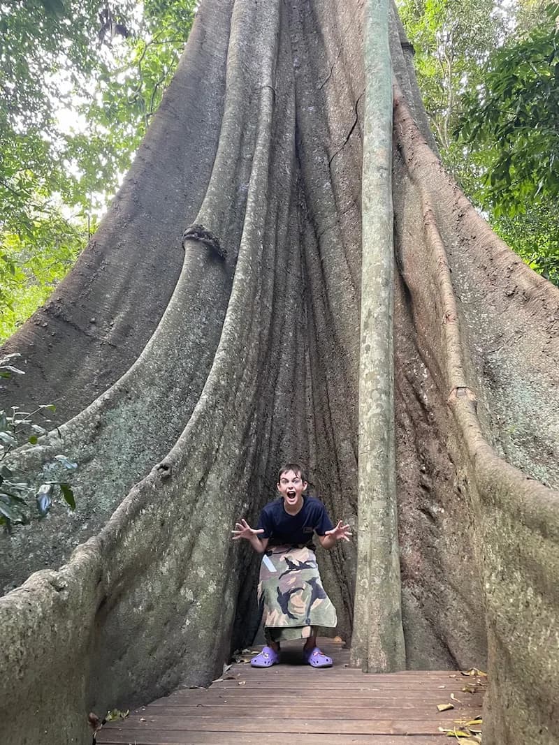 A child standing in front of a large tree, looking at the viewer with a scary body pose.