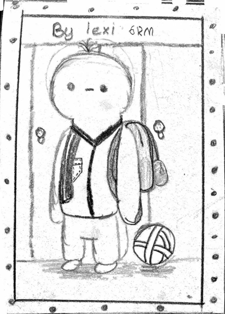 A simple drawing of a person wearing a backpack.