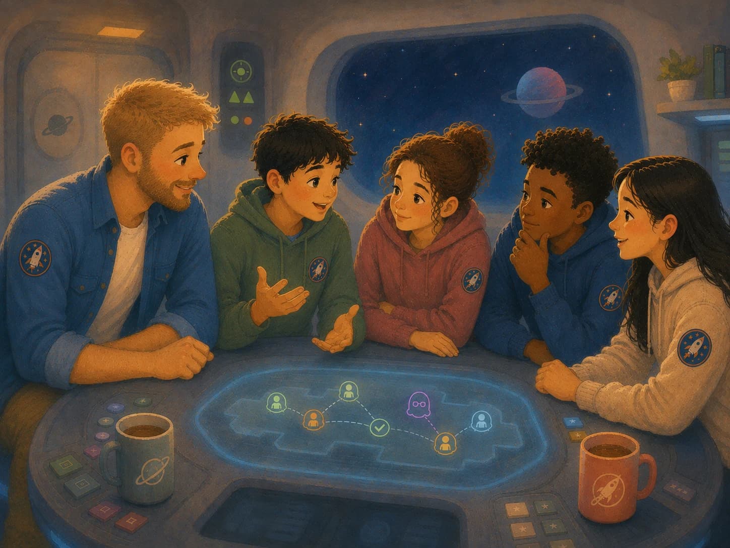 An illustration of an occupational therapist and four children gathered around an interactive table inside a spaceship, collaborating on a mission.